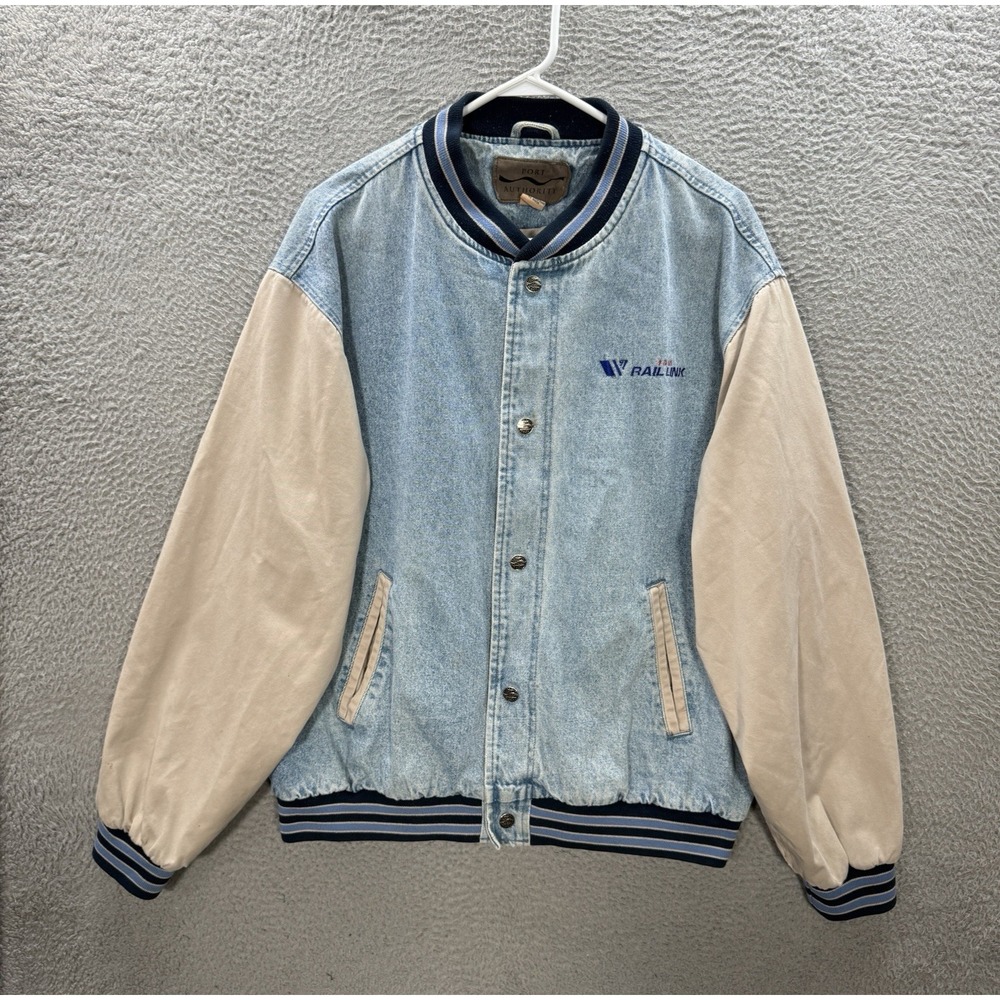 Vintage Port Authority Jacket Mens XL Blue Tan Denim Varsity Bomber Workwear Y2K